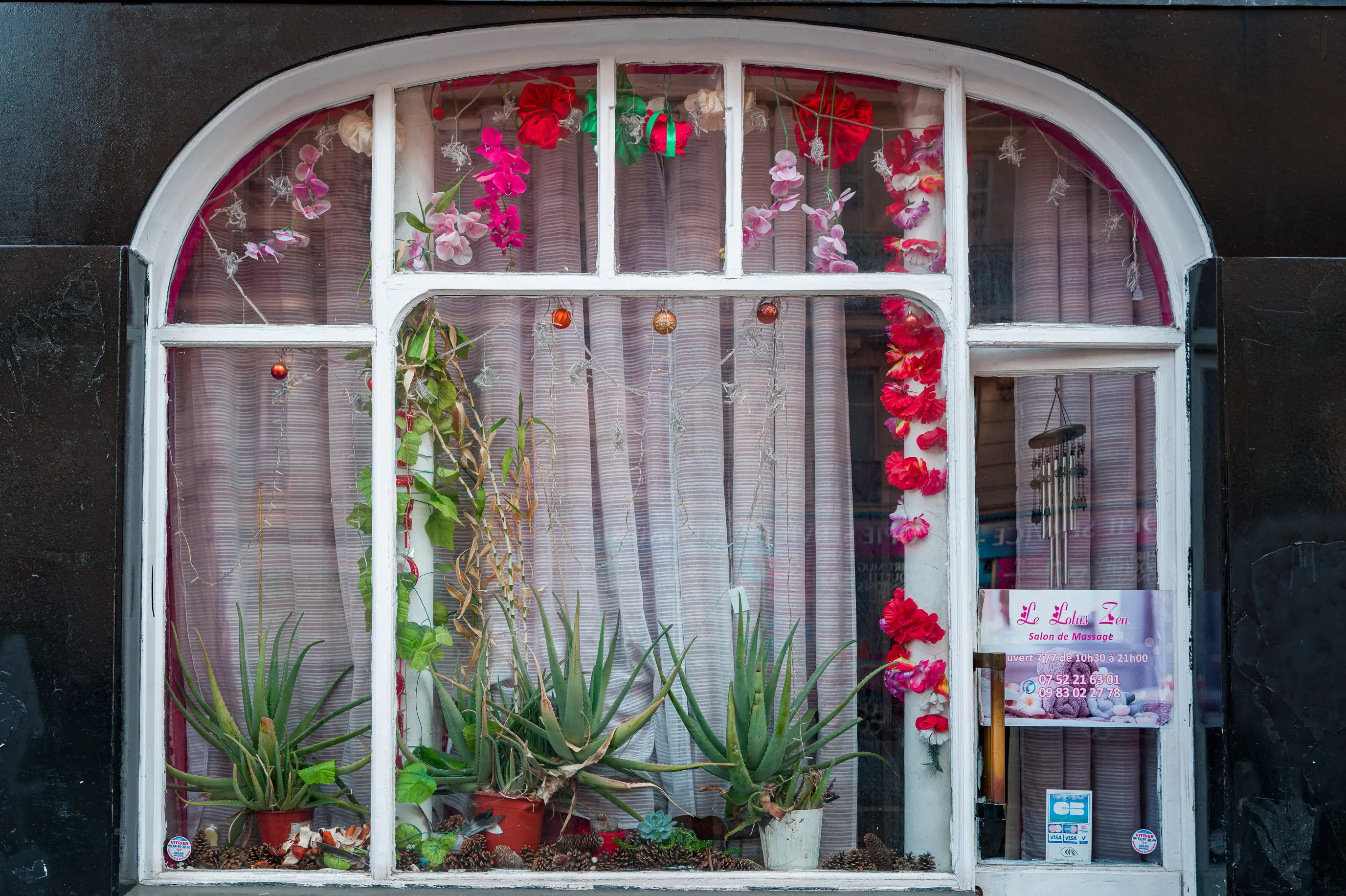 Vitrine d'un salon de massage décorée de fleurs artificielles, de plantes et de rideaux, comme un petit monde fermé sur lui-même