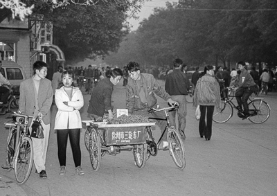 Piétons, bicyclettes et vélos-cargos occupent une rue où les voitures sont presque absentes.