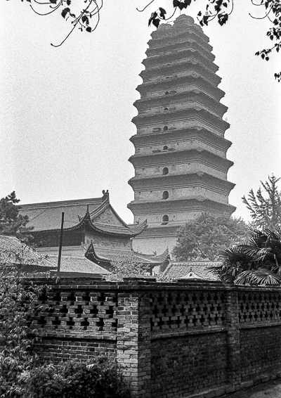 La Petite Pagode de l’Oie sauvage domine les toits et les murs du temple Jianfu.