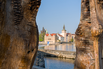 Prague vue entre deux troncs au bord de la Vltava