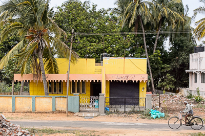 Une maison jaune entourée de cocotiers au bord de la route.
