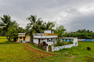 Un anganwadi, centre d'accueil pour la petite enfance, est installé au milieu des rizières et des cocotiers.